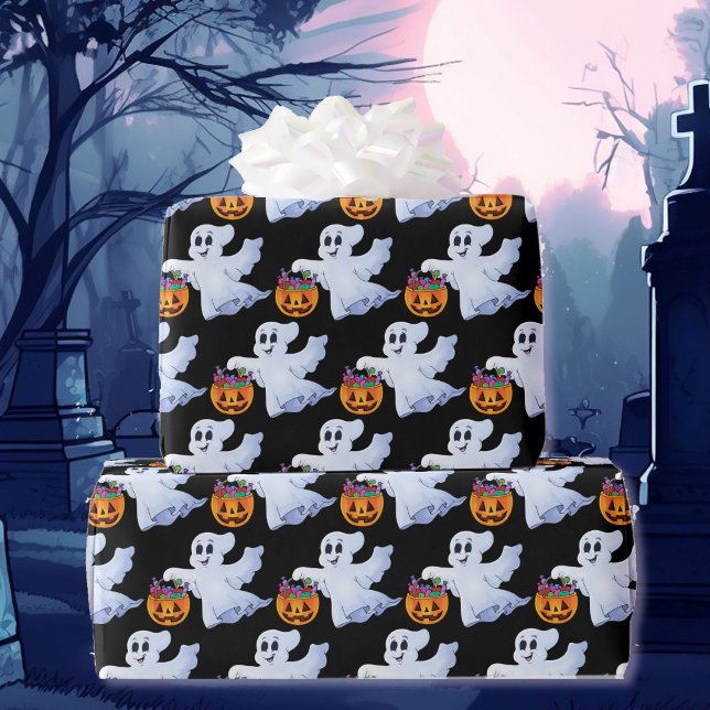 Papel De Presente Ghost Trick ou Treine o Halloween Orange Black (Criador carregado)