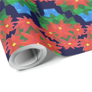 Papel De Presente Giftwrap de Natal Personalizado: Poinsettias, Azul
