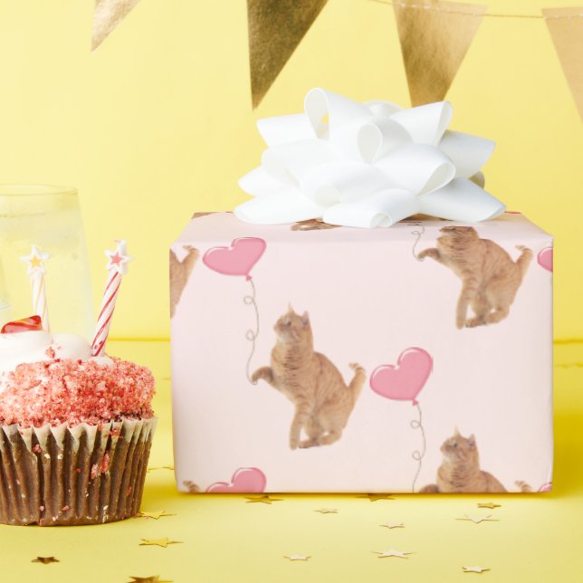 Papel De Presente Ginger Cat com Balão Rosa (Festa de aniversário)