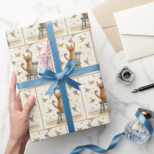 Papel De Presente Ginger Cat Pegando um Pássaro no Wallpaper