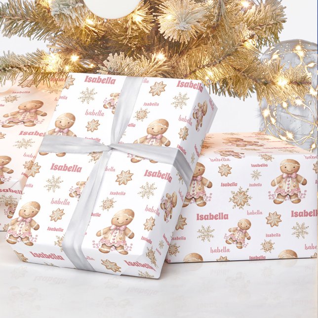 Papel De Presente Gingerbird Man Girl Pink Name Texto Natal (Gingerbread Man Girl Pink Name Text Christmas Wrapping Paper)