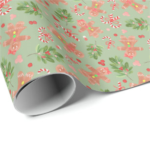 Papel De Presente Gingerpão e Holly Branches GREEN Wrapping Pape