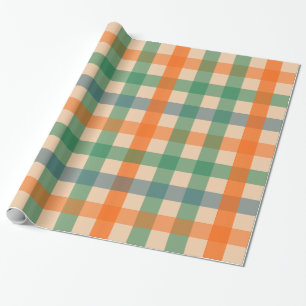 Papel De Presente Gingham Check Multicolor Patterno Laranja Verde
