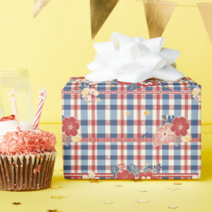 Papel De Presente Gingham Patriótico com Acentos Florais   Vermelho 