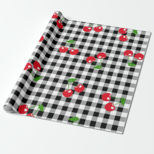 Papel De Presente Gingham Preto e Branco - Cereja Cótea Vermelha Ret