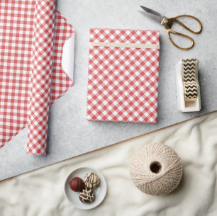 Papel De Presente Gingham Retrô Coral Vermelho