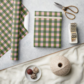 Papel De Presente Gingham Rosa e Verde de Primavera