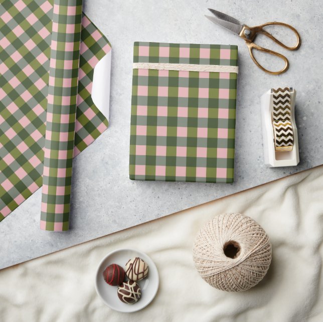 Papel De Presente Gingham Rosa e Verde de Primavera (Artesanato)