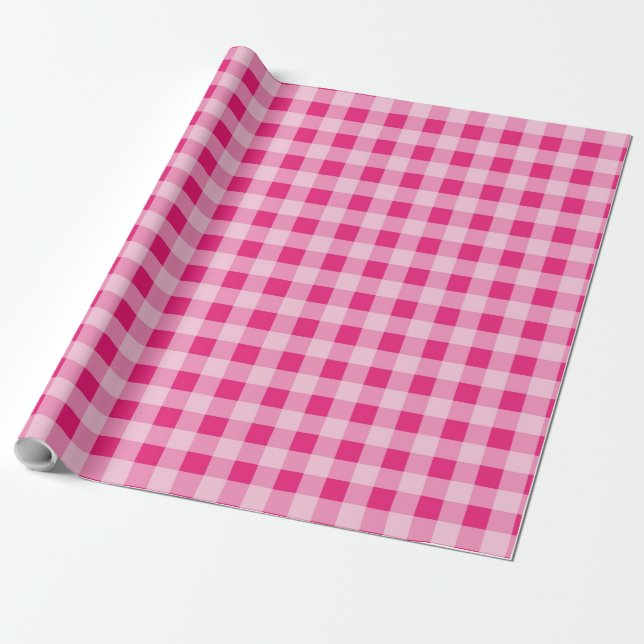Papel De Presente Gingham Rosa Quente (Desenrolado)