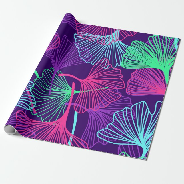Papel De Presente Gingko Tropical Floral deixa o fundo em neon c (Desenrolado)