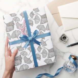 Papel De Presente Ginkgo deixa papel ondulado. Preto e Branco