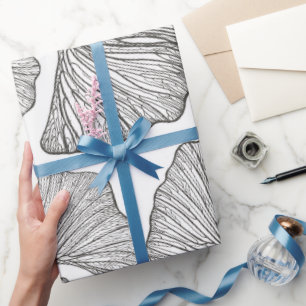 Papel De Presente Ginkgo deixa papel ondulado. Preto e Branco