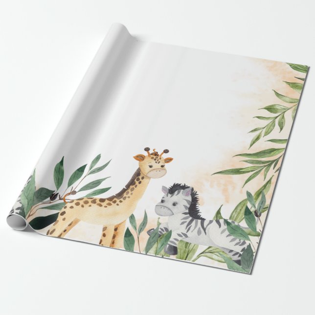 Papel De Presente Girafa Bonita, Chá de fraldas de Folhas de Zebra (Desenrolado)
