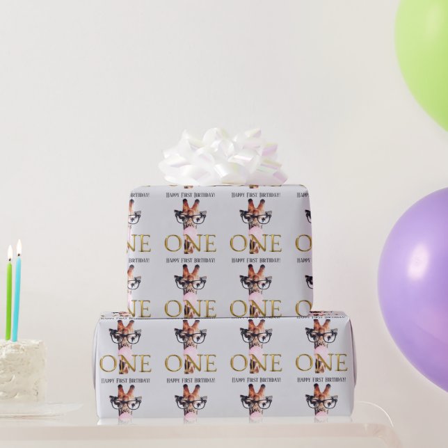Papel De Presente Girafa de óculos aniversário de um ano chiclete ro (Presentes para festas)