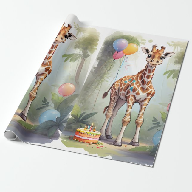 Papel De Presente Girafa e Bolo na Selva | Papel de enrolamento (Desenrolado)
