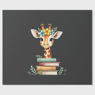 Papel De Presente Girafa Fofa Com Livro Floral Bibliófila Bibliotecá
