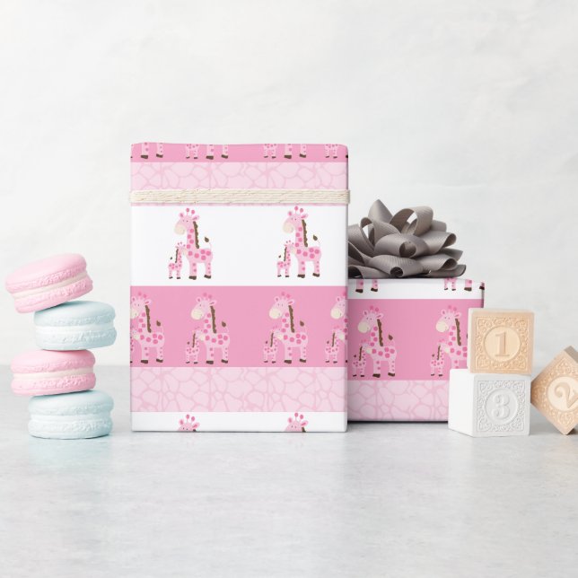Papel De Presente Girafa Mamãe e Bebê em Rosa (Chá de bebê)