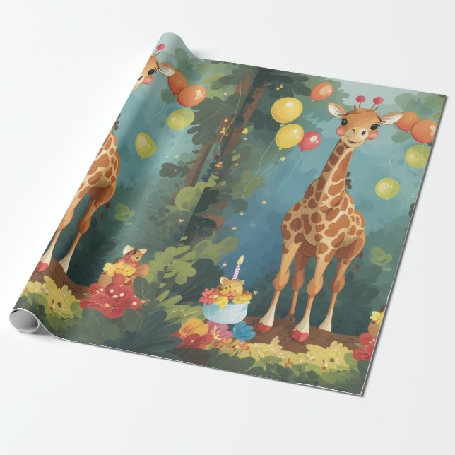 Papel De Presente Girafa na selva com bolo | Papel de enrolamento (Desenrolado)