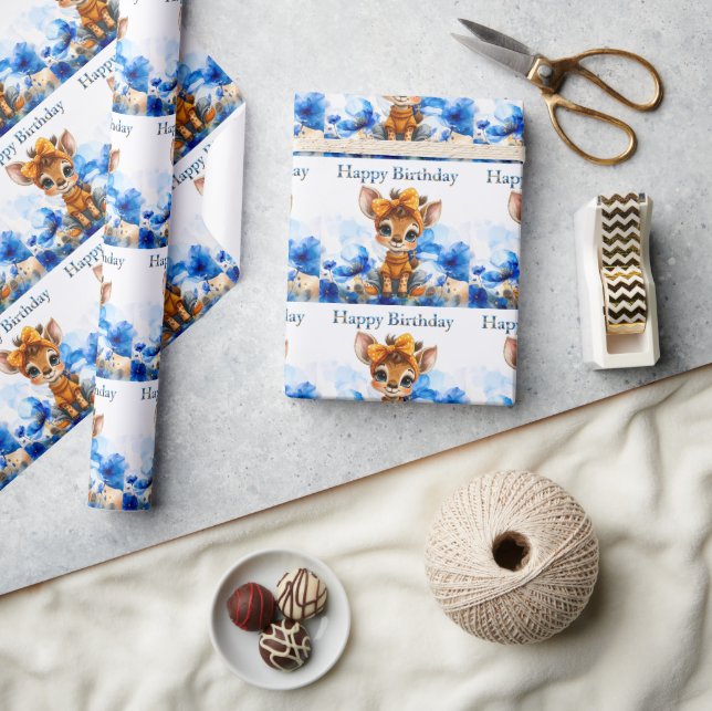 Papel De Presente Giraffe com laço de bolinhas Feliz Aniversário (Artesanato)