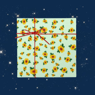 Papel De Presente Girassóis Amarelos Brilhantes em Verde Suave