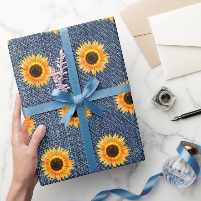Papel De Presente Girassóis Blue Jean Denim (Presentear)