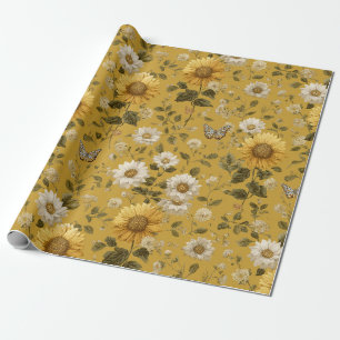 Papel De Presente Girassóis e Borboletas em Fundo Amarelo
