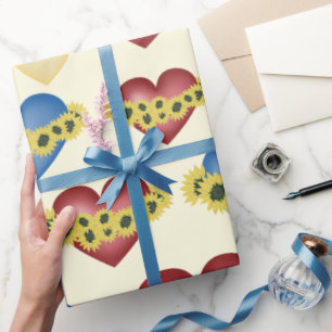 Papel De Presente Girassóis e coração. Amor e flores.