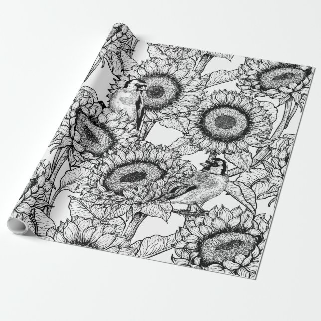 Papel De Presente Girassóis e coxas douradas a preto e branco (Desenrolado)
