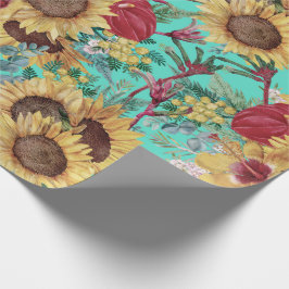 Papel De Presente Girassóis E Flores Selvagens Tropicais De Verão