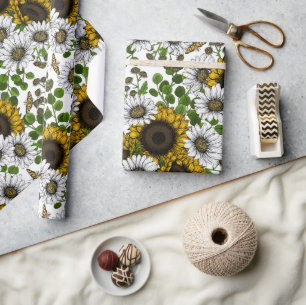 Papel De Presente Girassóis e margaridas, jardim de verão 3
