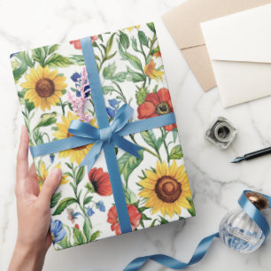 Papel De Presente Girassóis Florais Azuis Vermelhos Amarelos Italian