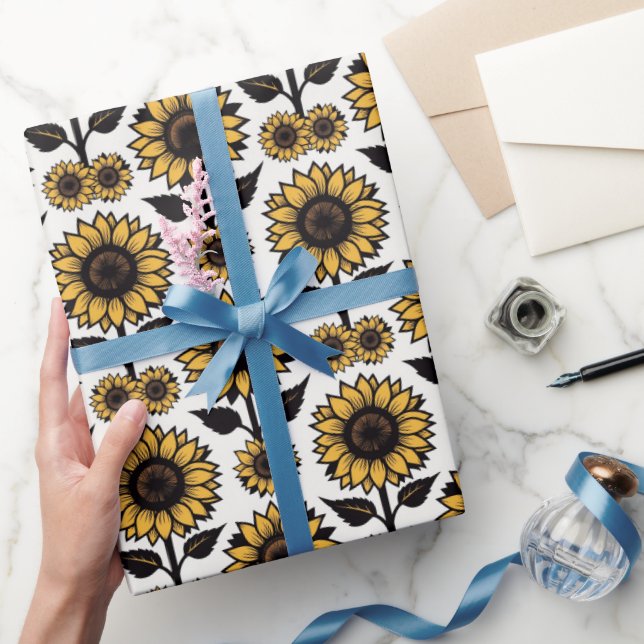 Papel De Presente Girassóis Gráficos em Amarelo e Preto (Presentear)