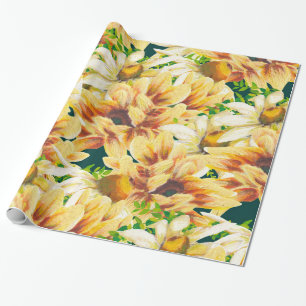 Papel De Presente Girassol Amarelo e Verde Aquarela Rústica