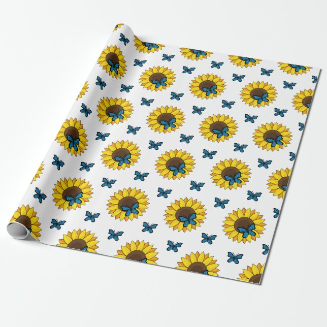 Papel De Presente Girassol e Borboleta Azul (Desenrolado)