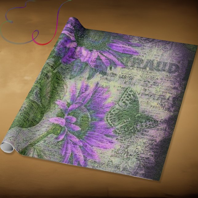 Papel De Presente Girassol Rústico Borboleta Ameixa Efêmero (Criador carregado)