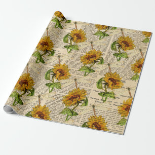 Papel De Presente Girassol Vintage Libélula Estilo Casebre Rústico