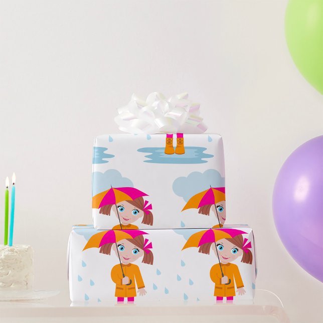 Papel De Presente Girl with Umbrella in Rain Kids Rainy Day (Criador carregado)