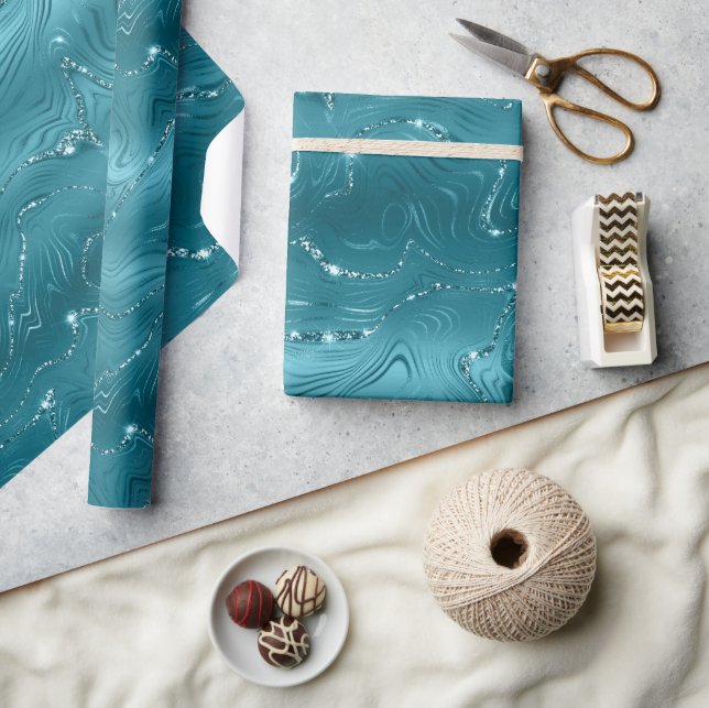 Papel De Presente Girly Aqua Blue Glitzy Marble Birthday (Artesanato)