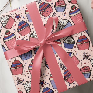 Papel De Presente Girly Blush Pink 4 de julho Cupcakes Patrióticos