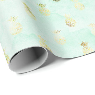Papel De Presente Girly Mint Glam Dourado Ananases Tropicais