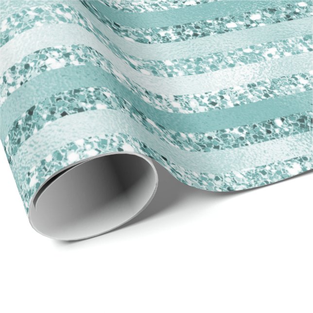 Papel De Presente Girly Mint Glitter Glam Stripes (Ponta do rolo)