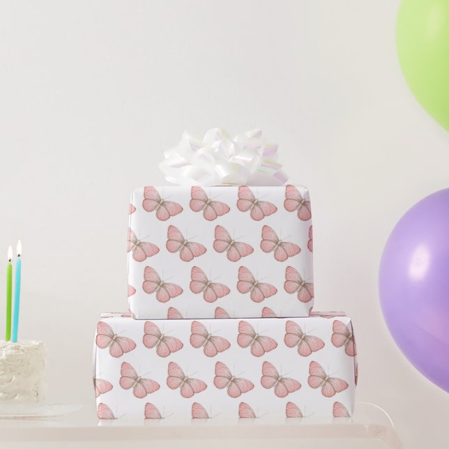 Papel De Presente Girly Pink White Butterflies Birthday (Presentes para festas)