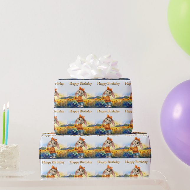 Papel De Presente Girly rabbit sunflower field Happy Birthday (Presentes para festas)
