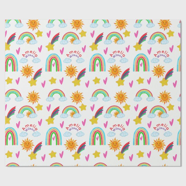 Papel De Presente Girly Rainbow Sun Star Name Pattern for Kids (Aberto)