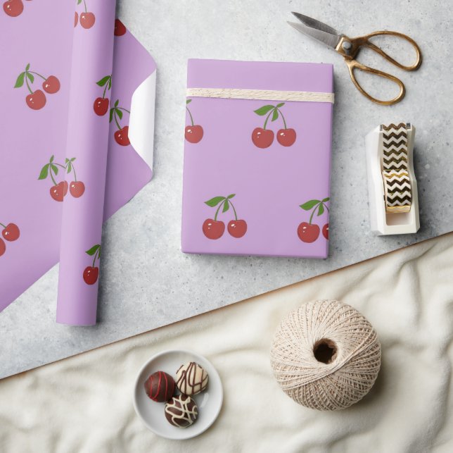Papel De Presente Girly Retro Pastel Purple Red Cherry Fruit Pattern (Artesanato)