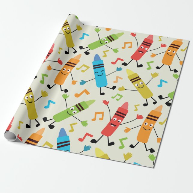 Papel De Presente Giz Crayons Dançantes Kawaii Com Notas Musicais  (Desenrolado)