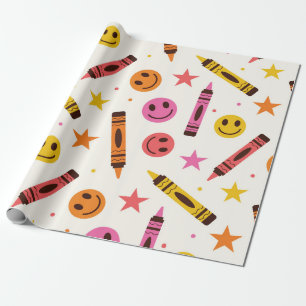 Papel De Presente Giz de Cera Escolar Colorido com Padrão de Rostos 