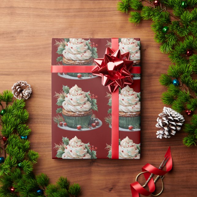 Papel De Presente Glacé Branco Holly Red Berries, Cupcake de Natal (Presente de Natal)