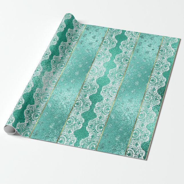 Papel De Presente Glam Aqua Mint Verde Ouro Folha Branca (Desenrolado)
