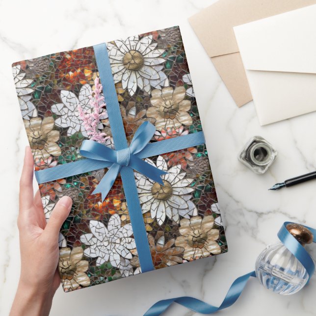 Papel De Presente Glam Champagne Dourado Flores Brancas Vermelhas (Presentear)